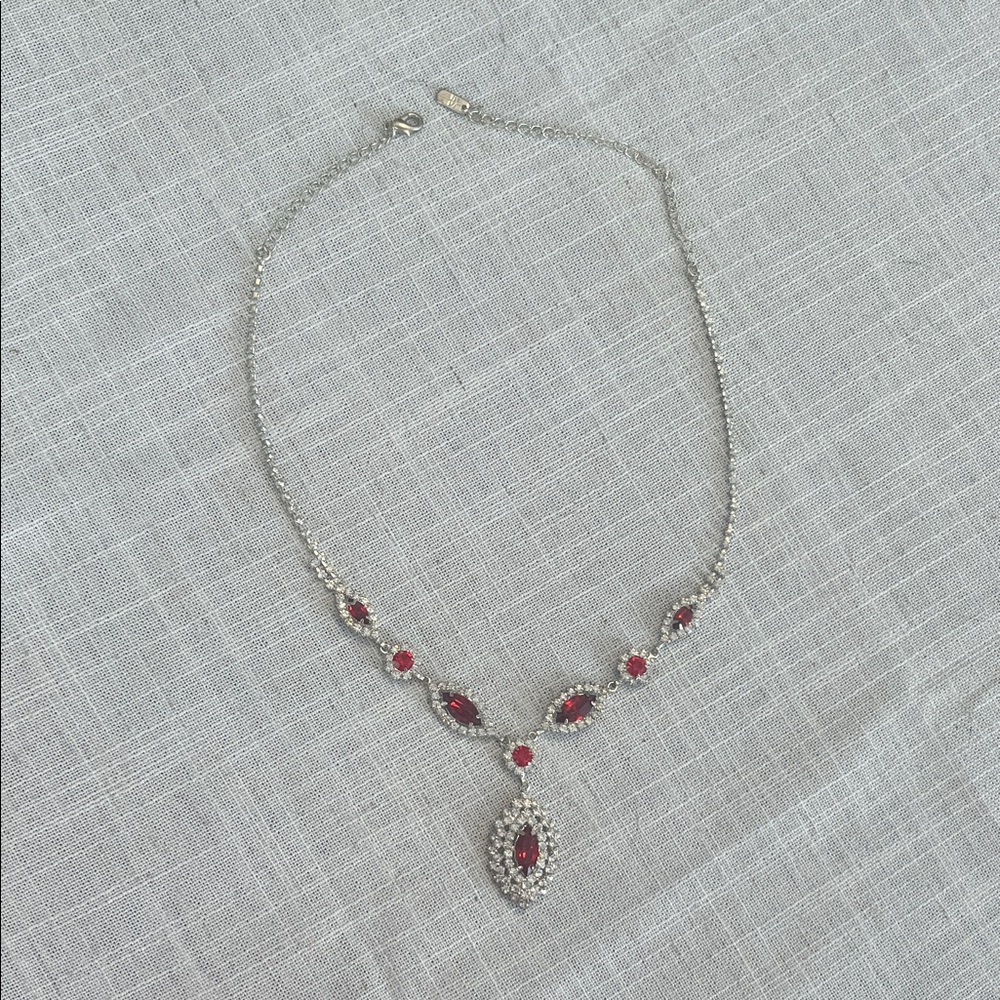 Red Crystal Y-Necklace Silver-Tone – Elegant Formal Jewelry